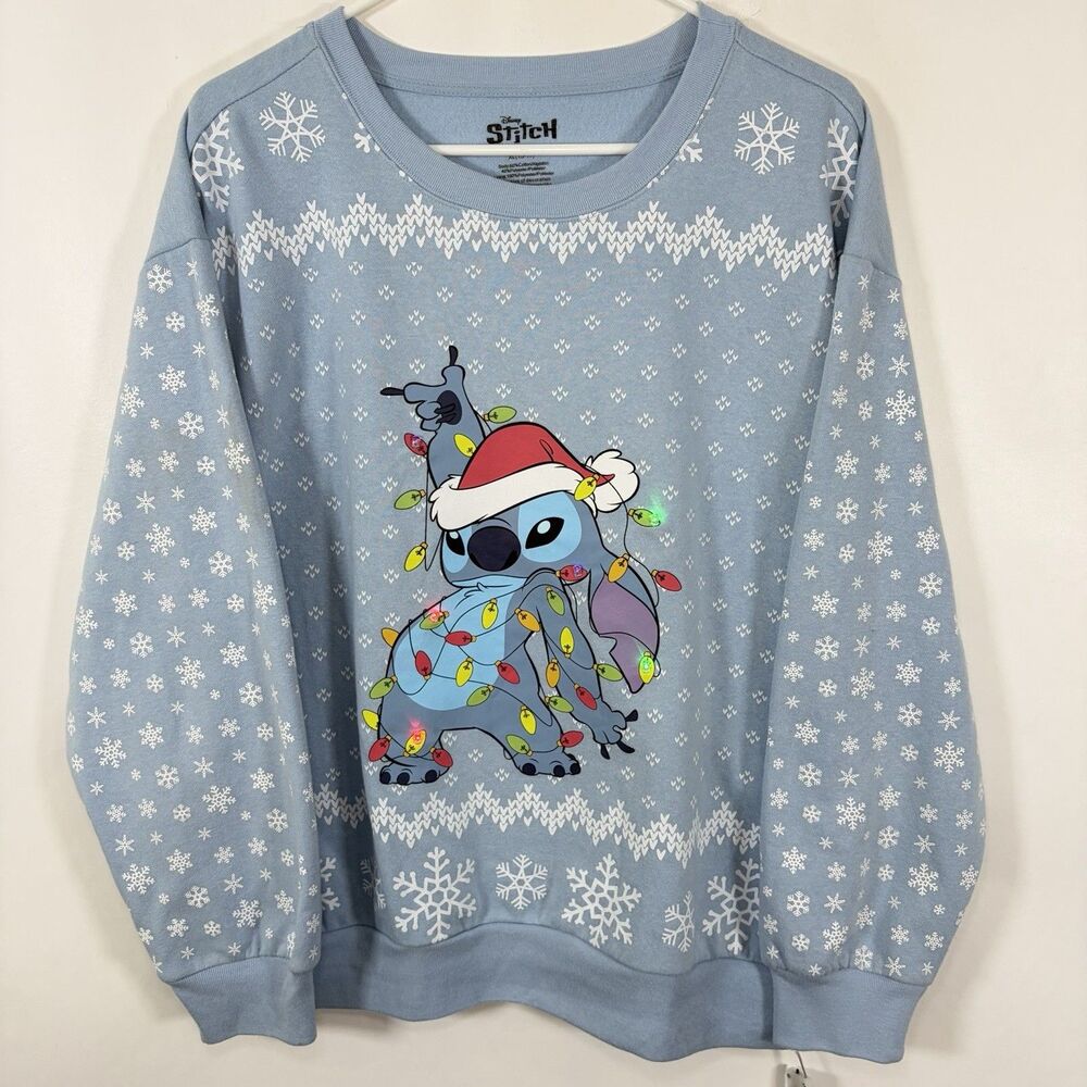 Disney Stitch Crewneck Sweatshirt Adult Size XL Blue Light Up Christmas Lights